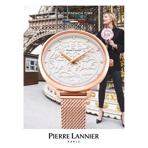 Montre Pierre Lannier  310F908 - EOLIA AUTOMATIC Boîtier acier doré rose poli cadran fleur avec pierres blanches bracelet milanais  Femme Pierre Lannier