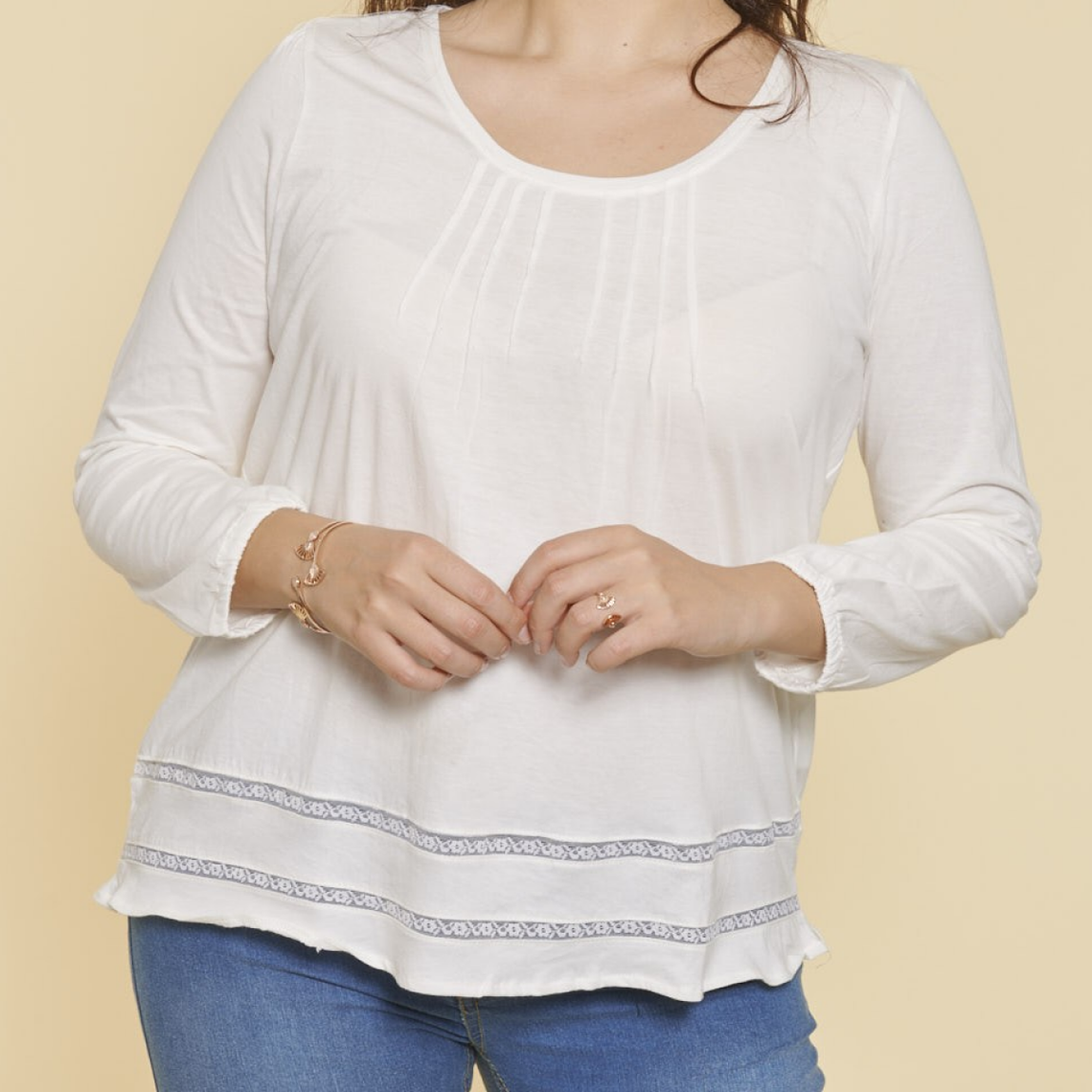 tee-shirt plis manches longues dentelle femme - écru blanc en coton