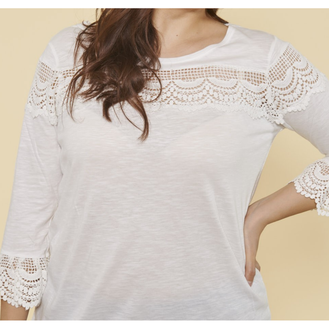 tee-shirt manches 3/4 volantées et guipure grandes tailles femme - écru blanc en coton