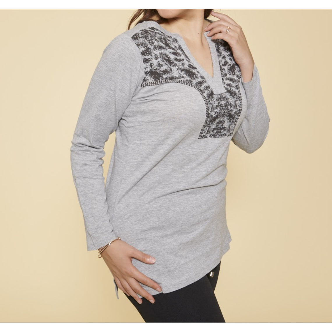 tee-shirt fendu col caftan imprimé manches longues femme - gris chiné en coton