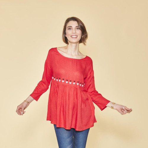 3 SUISSES - Blouse manches 3/4 ajustables broderie taille effet froncé femme - Rouge - blouses manches longues