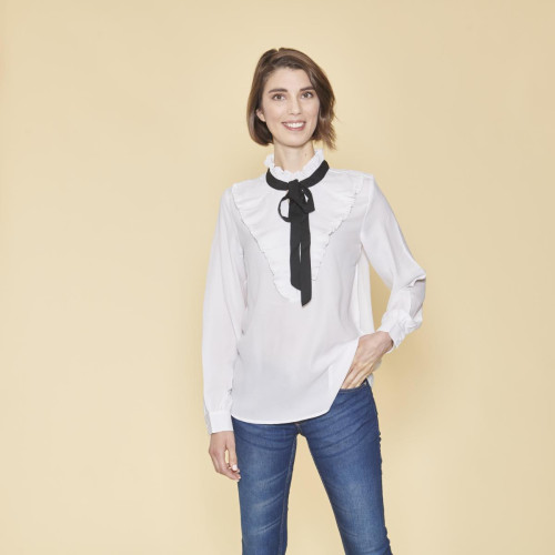 3 SUISSES - Blouse manches longues volants plissés et ruban contrasté femme - Blanc - blouses manches longues
