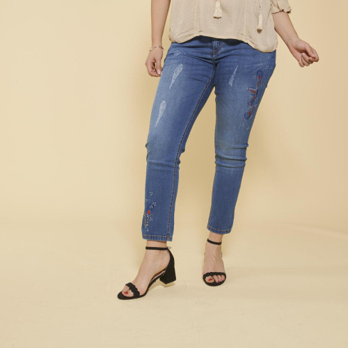 3 SUISSES - Jean coupe 5 poches aspect délavé déchirures et broderie grandes tailles femme - Bleu - Promo Jean slim