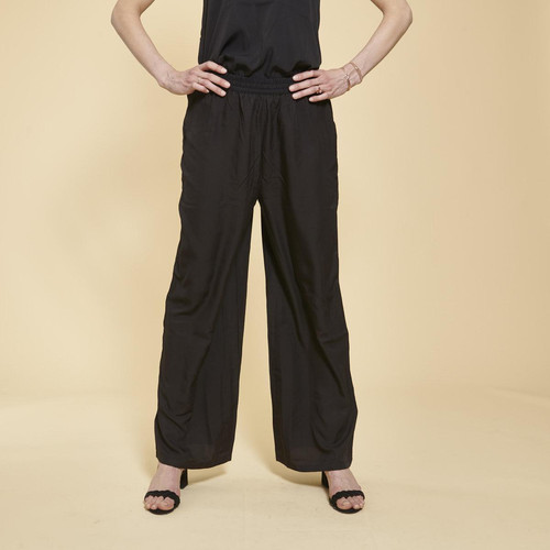 Pantalon large uni taille élastique froncée femme - Noir 3 SUISSES