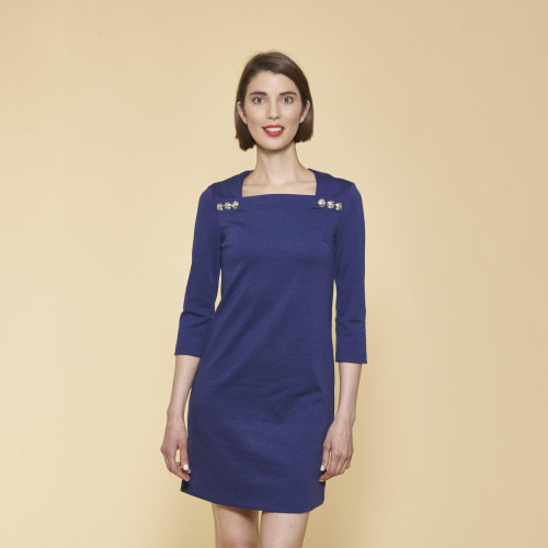 3 SUISSES - Robe courte manches 3/4 boutons fantaisie femme - Bleu Dur - Robes Unies Femme