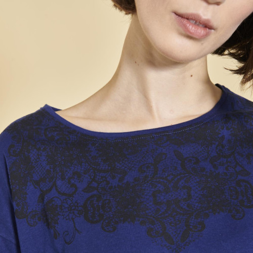 Tee-shirt bas et manches longues élastiqués dentelle imprimée femme - Bleu Dur en coton 3 SUISSES