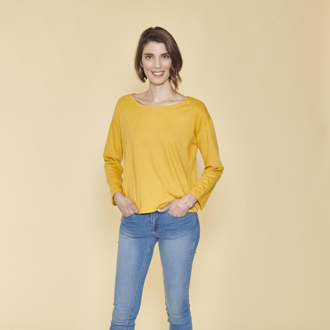 tee-shirt carré manches longues femme - jaune moutarde en coton