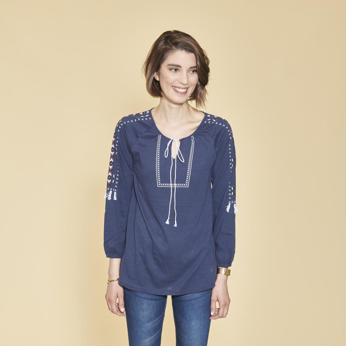tee-shirt col caftan manches longues élastiquées avec pompons femme - bleu indigo en coton