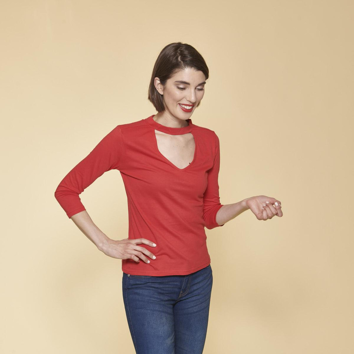 tee-shirt col en v devant et dos manches 3/4 femme - rouge