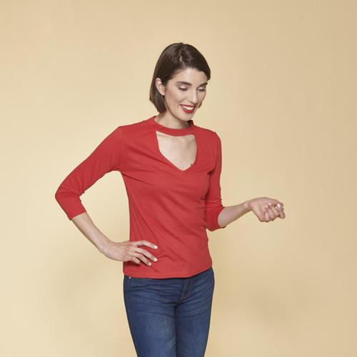 3 SUISSES - Tee-shirt col en V devant et dos manches 3/4 femme - Rouge - T shirt rouge femme