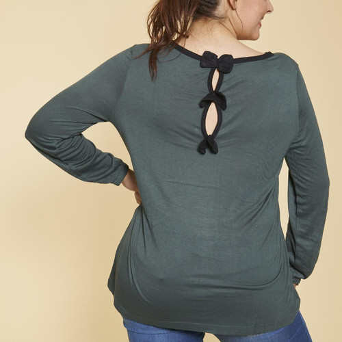 Tee-shirt col V ouverture dos avec noeuds manches longues grandes tailles femme - Vert Bouteille en coton 3 SUISSES