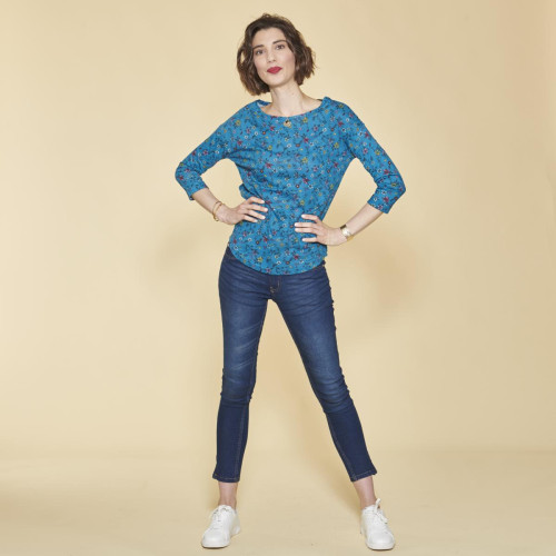 3 SUISSES - Tee-shirt imprimé floral manches 3/4 à revers femme - Bleu Pétrole - T-shirt manches longues femme