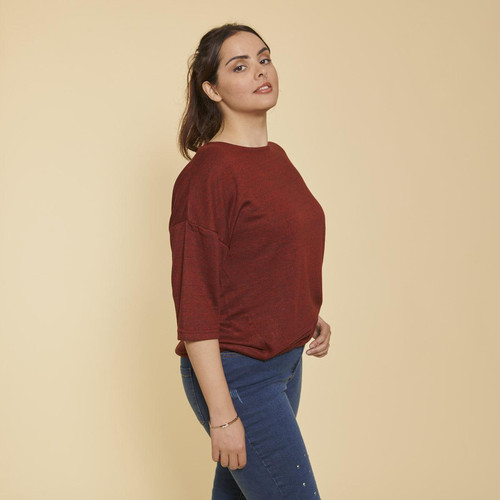 3 SUISSES - Tee-shirt maille ajourée manches 3/4 femme - Rouge - Promo T-shirt manches longues