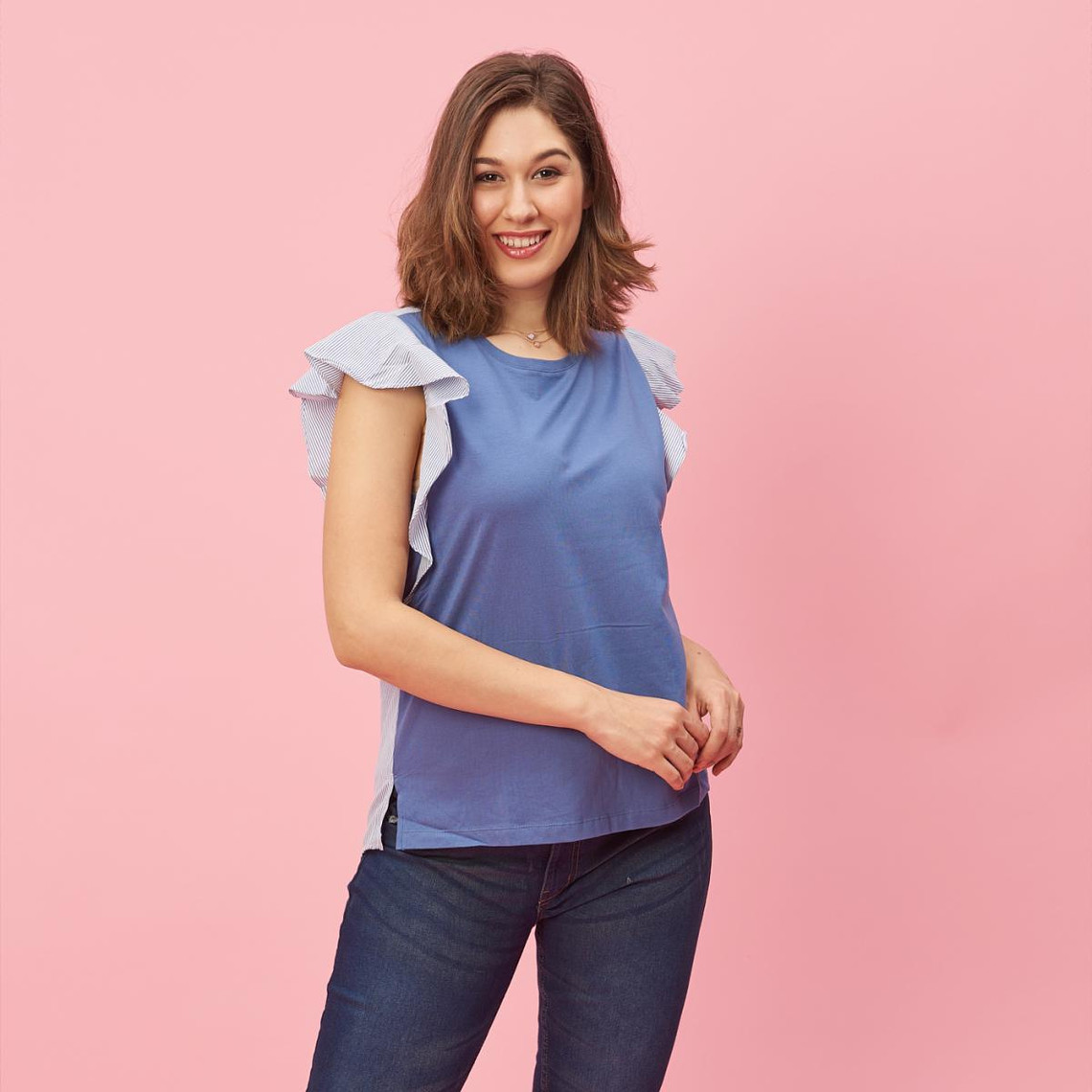 tee-shirt manches courtes volantées rayées femme - autres bleu en coton