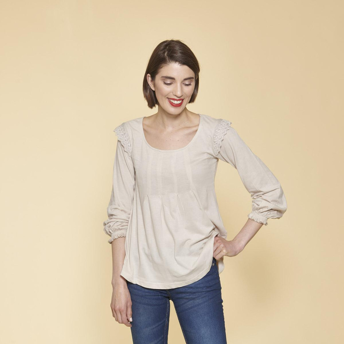 tee-shirt manches longues élastiquées et dentelle femme - sable beige en coton