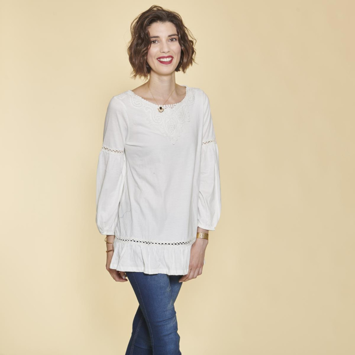 tee-shirt manches longues élastiquées guipure et volants femme - écru blanc en coton