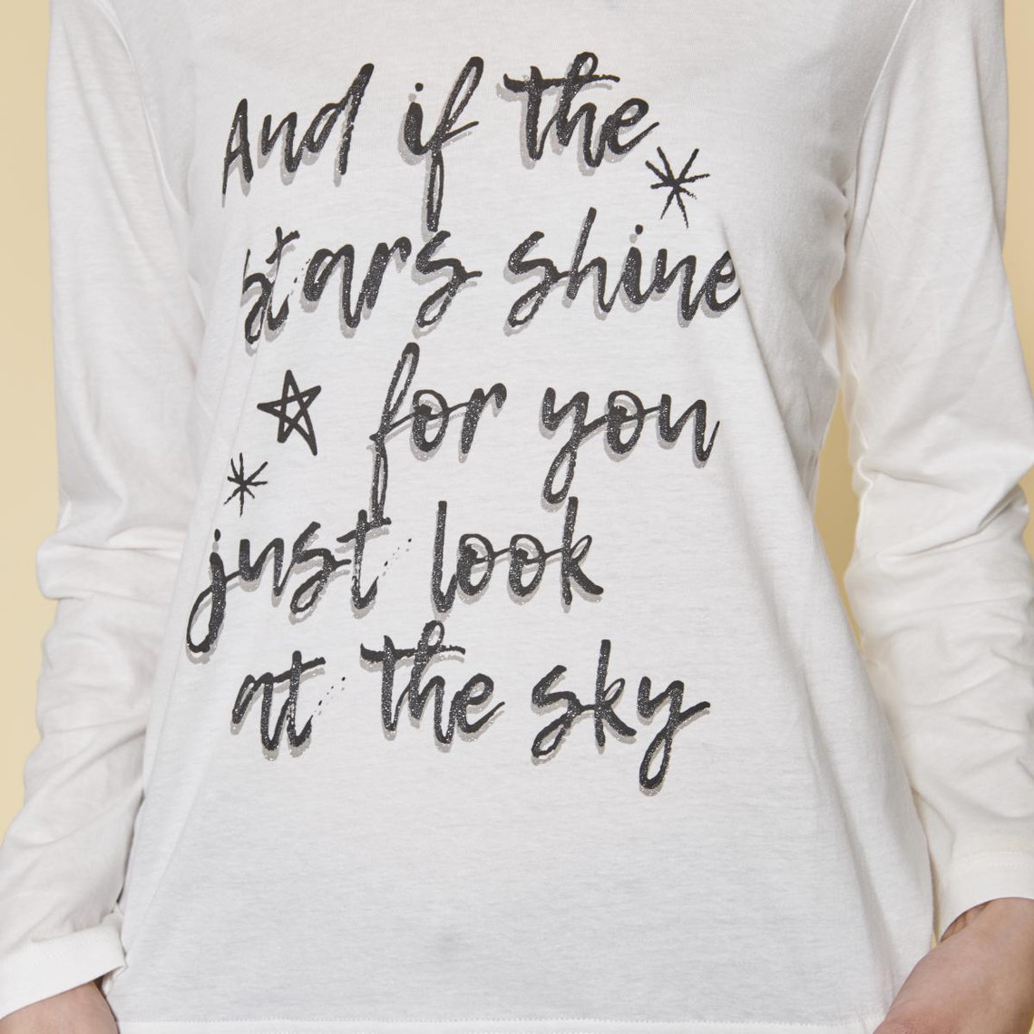 tee-shirt manches longues message imprimé femme - écru blanc en coton