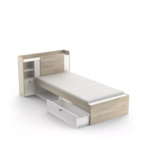 3S. x Home - Lit avec niche et tiroir LIFE chêne blanc mat - Nouveautés Meuble Et Déco Design