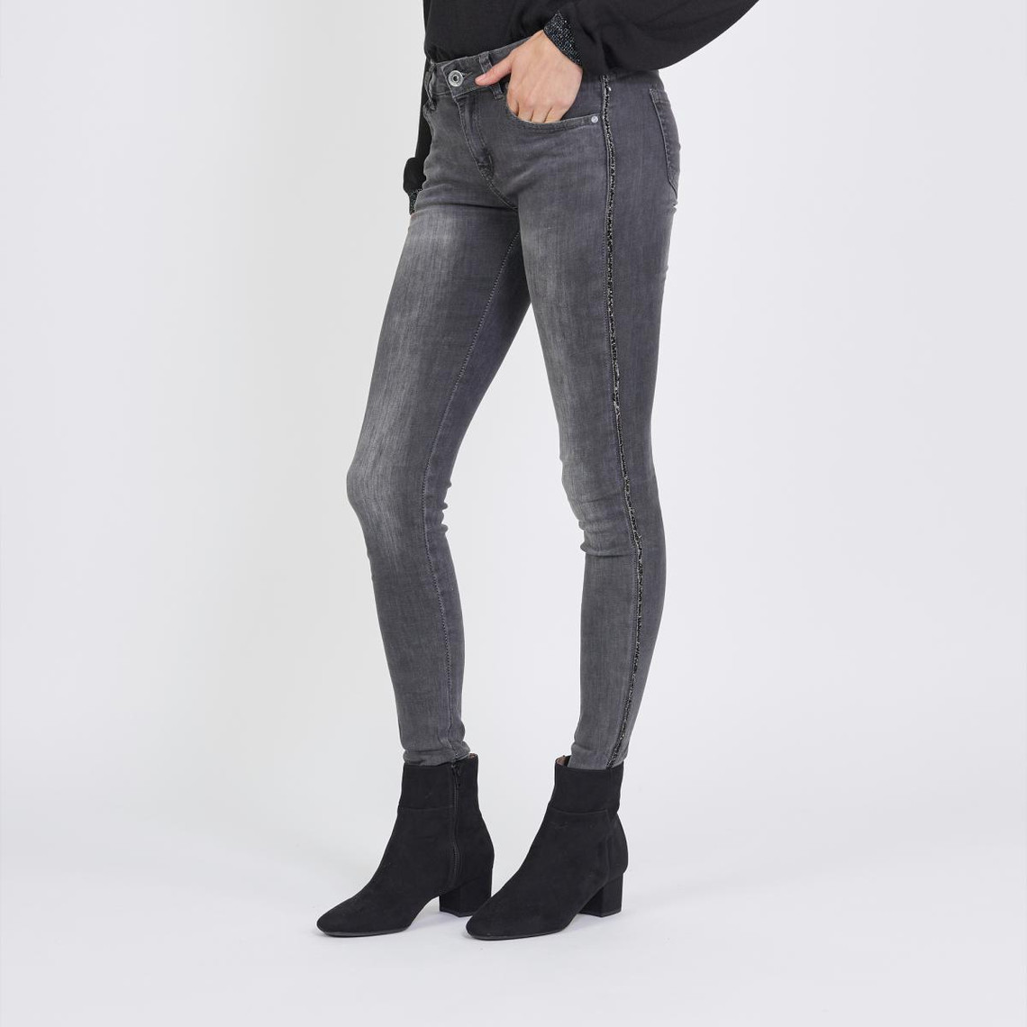 jean slim avec bandes strass emma en coton gris