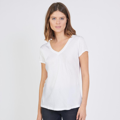 3S. x Le Vestiaire - Tee-shirt manches courtes col V mélange soie - Promo vetements femme blanc
