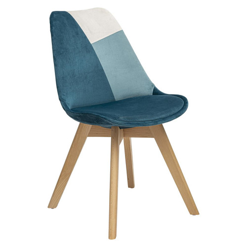 3S. x Home - Chaise "Baya" patchwork bleu canard, pieds en hêtre - Meuble Et Déco Design