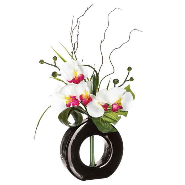 Composition d'orchidées avec vase céramique noir et fushia H44  3S. x Home Meuble & Déco