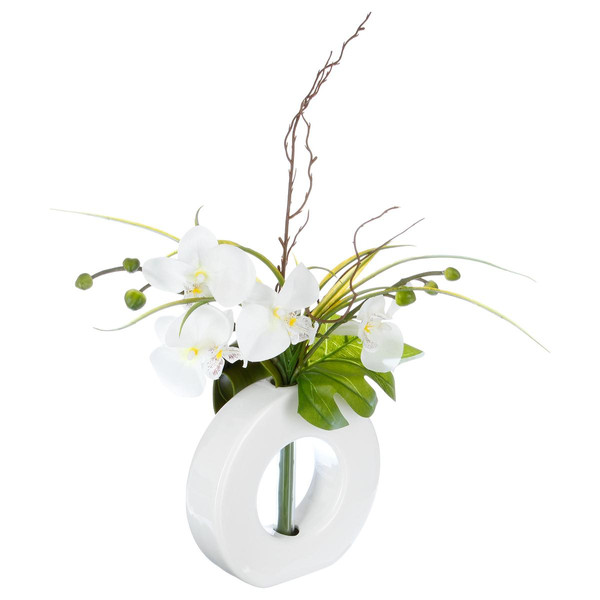 Composition d'orchidées avec vase céramique noir et fushia H44  Plante artificielle