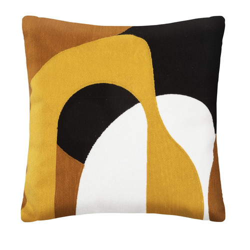 3S. x Home - Coussin "Hary", motifs brodés, coton, jaune ocre, 45x45 cm - Coussins Design