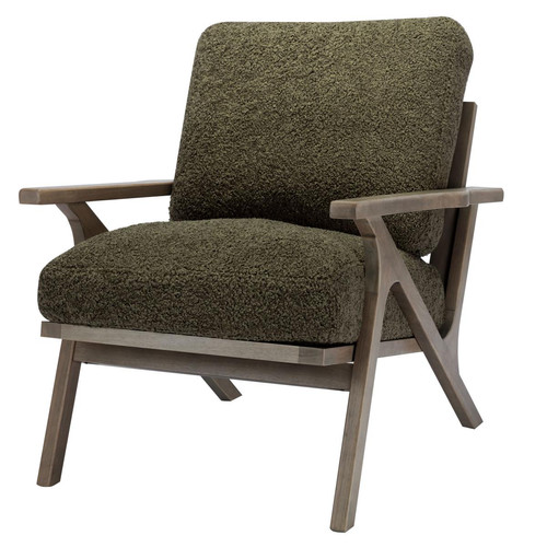 3S. x Home - fauteuil lounge Scandicraft en tissu bouclette Army et bois patiné - Fauteuil Design