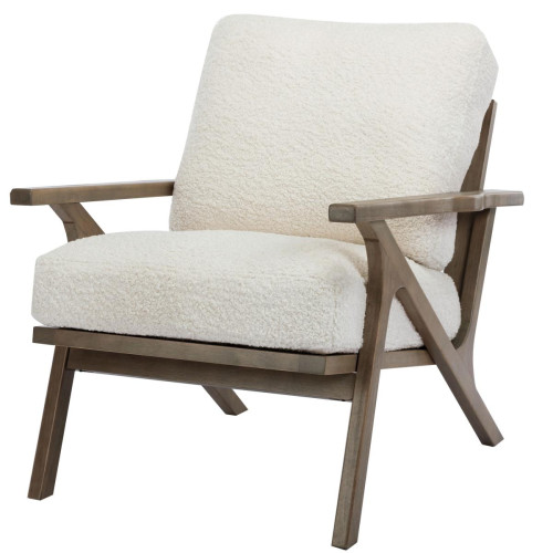 3S. x Home - fauteuil lounge en tissu bouclette écru et bois patiné - Meuble Et Déco Design