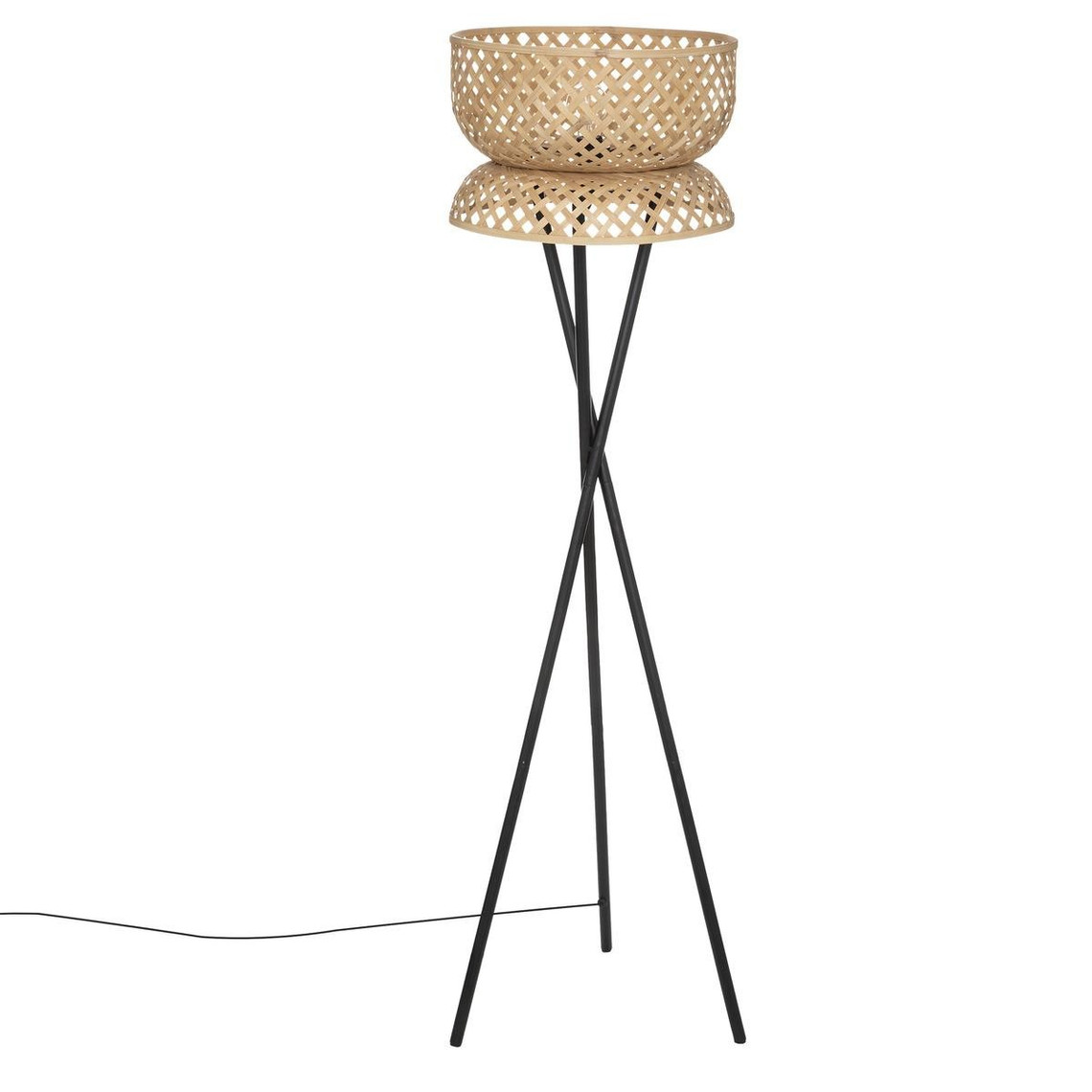 lampadaire trépied suny, bambou et métal, noir, h145 cm