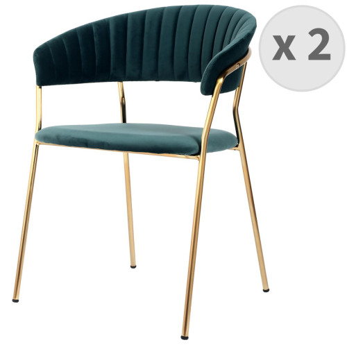 3S. x Home - lot de 2 chaises Contemporain avec accoudoirs en velours Celadon et métal doré - Collection Contemporaine Meuble Deco Design