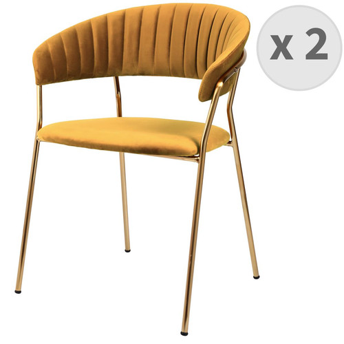 3S. x Home - lot de 2 chaises Contemporain avec accoudoirs en velours Moutarde et métal doré - Chaise Design