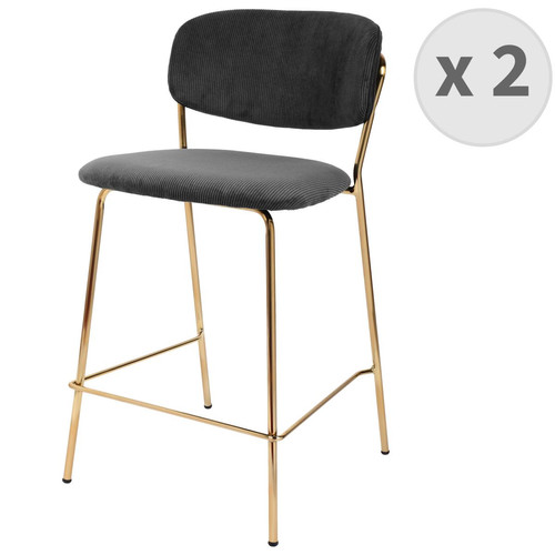 3S. x Home - lot de 2 chaises de bar Contemporain en tissu côtelé Noir et métal doré brossé - Tabouret De Bar Design