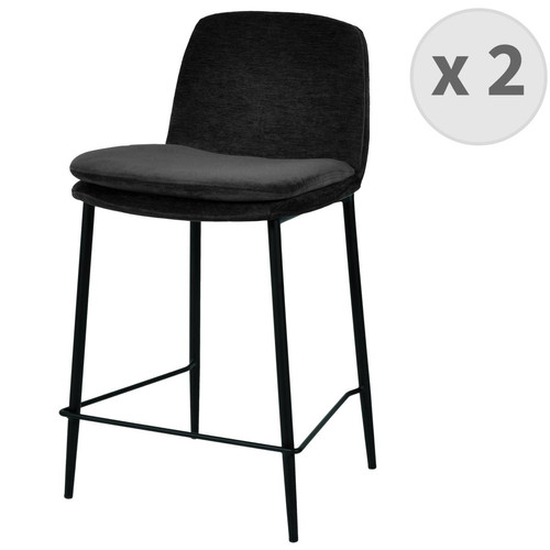 3S. x Home - lot de 2 chaises de bar Contemporain tissu chenillé Noir et métal noir mat - Collection Contemporaine Meuble Deco Design
