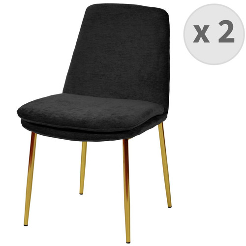 3S. x Home - lot de 2 chaises Contemporain en tissu chenillé Noir, métal doré finition brossé - Collection Contemporaine Meuble Deco Design