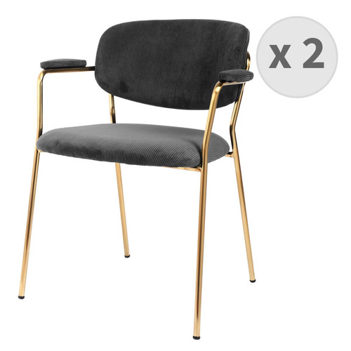 3S. x Home - lot de 2 chaises Scandicraft en tissu côtelé Carbone et métal doré brossé - Meuble Et Déco Design