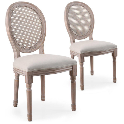 3S. x Home - Lot de 2 chaises médaillon Louis XVI avec cannage Bois patiné et Tissu Beige - Tabouret Design