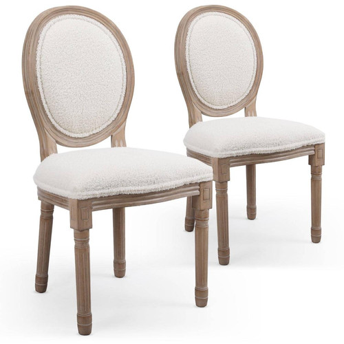 3S. x Home - Lot de 2 chaises médaillon Tissu bouclette Crème Louis XVI - Tabouret Design