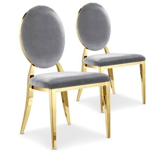 3S. x Home - Lot de 2 chaises médaillon Sofia Velours Argent Pieds Or - Chaise Et Tabouret Et Banc Design