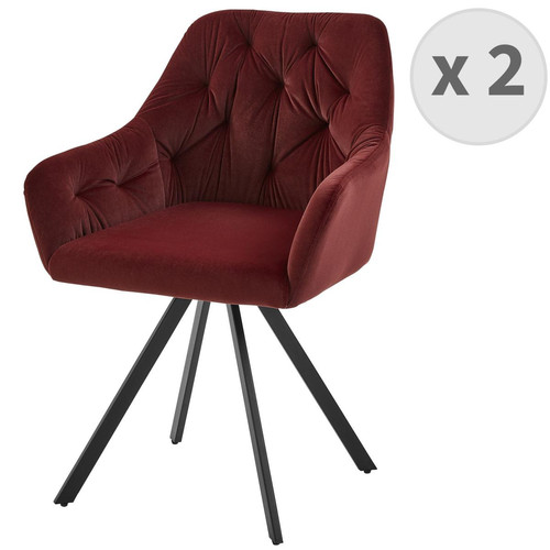 3S. x Home - lot de 2 fauteuils de table en velours Bordeaux et pieds métal noir - Fauteuil rouge design
