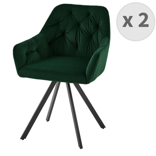 3S. x Home - lot de 2 fauteuils de table en velours Vert Bouteille et métal noir - Fauteuil Design