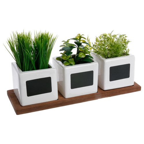 3S. x Home - Lot de 3 herbes en pot blanc - Plante artificielle