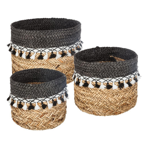 3S. x Home - Lot de 3 paniers seagrass à pompons Noir/Blanc - Collection ethnique meuble deco