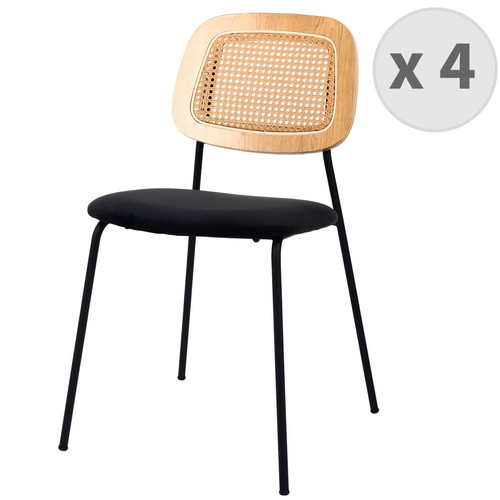 3S. x Home - lot de 4 chaises Scandicraft en métal noir mat, cannage et velours Noir 