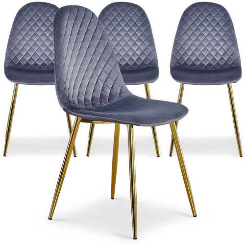 3S. x Home - Lot de 4 chaises matelassées Norway Velours Argent - Chaise Design