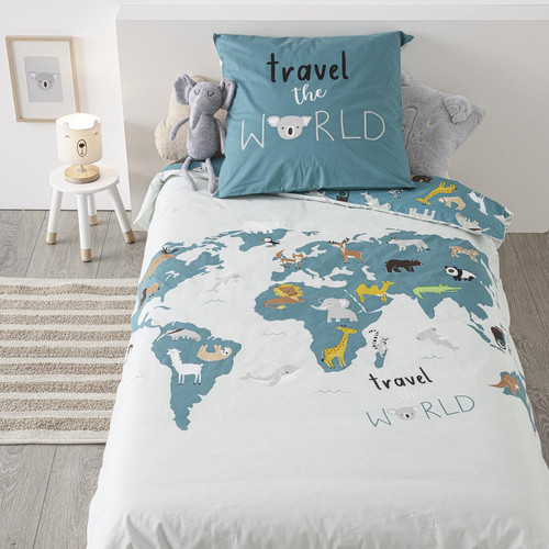 3S. x Home - Parure Carte Monde 140 x 200 - Linge de lit enfant