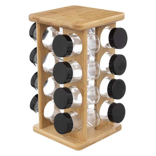 3S. x Home - Support rotatif 16 pots à épices bambou  - Couvert et ustensile