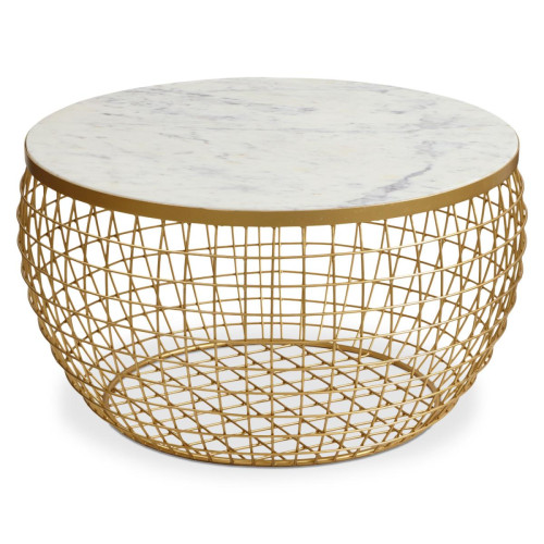 3S. x Home - Table Basse Ronde MILTOR Marbre Blanc Et Pieds Or - Table basse