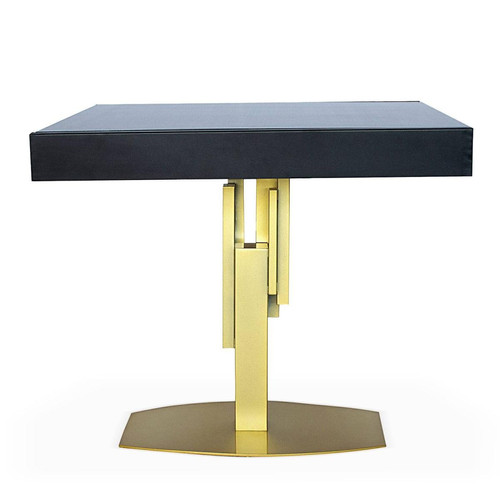 3S. x Home - Table design carrée extensible 180cm Mealane pied central Or et Bois Noir - Table Salle A Manger Design